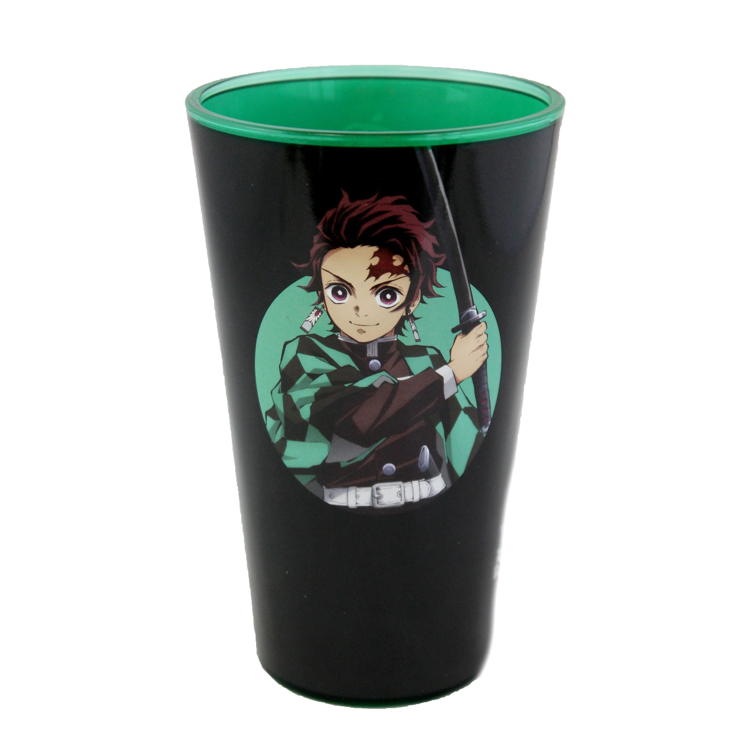 Bicchiere nero Just Funky Demon Slayer 473ml con illustrazione di Tanjiro Kamado in un cerchio verde.