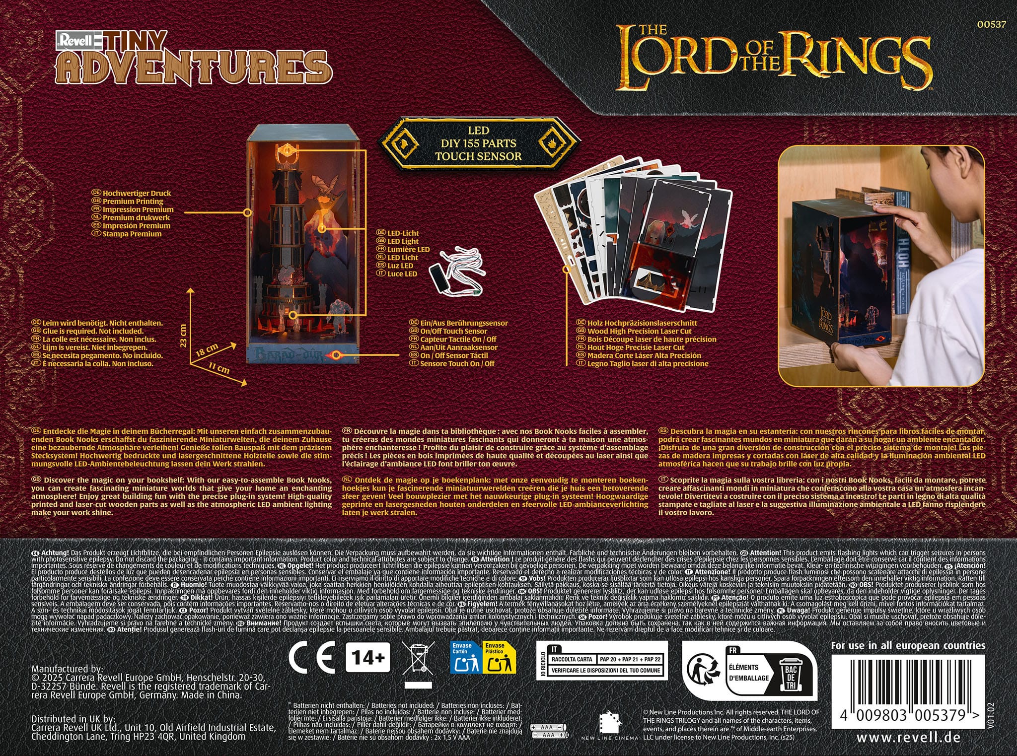 Retro confezione Revell 3D Puzzle Barad-Dûr The Lord of the Rings: diorama book nook con LED e dettagli montaggio.