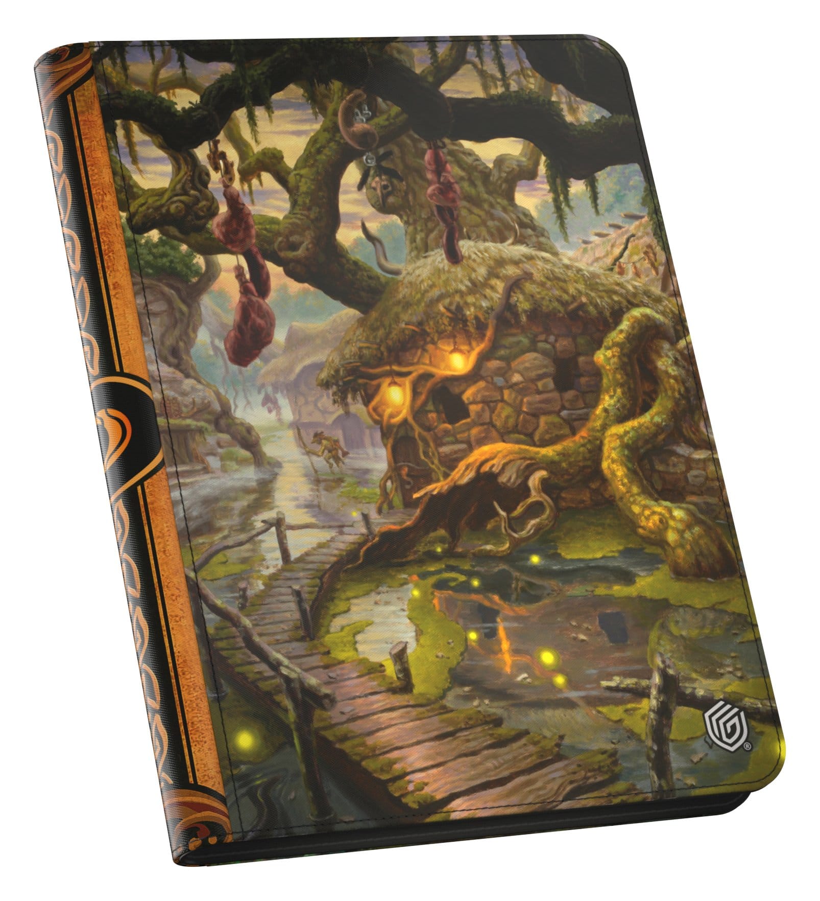 Card binder with a fantasy swamp art cover featuring a rustic hut, wooden bridge, glowing lights, and orange trim.