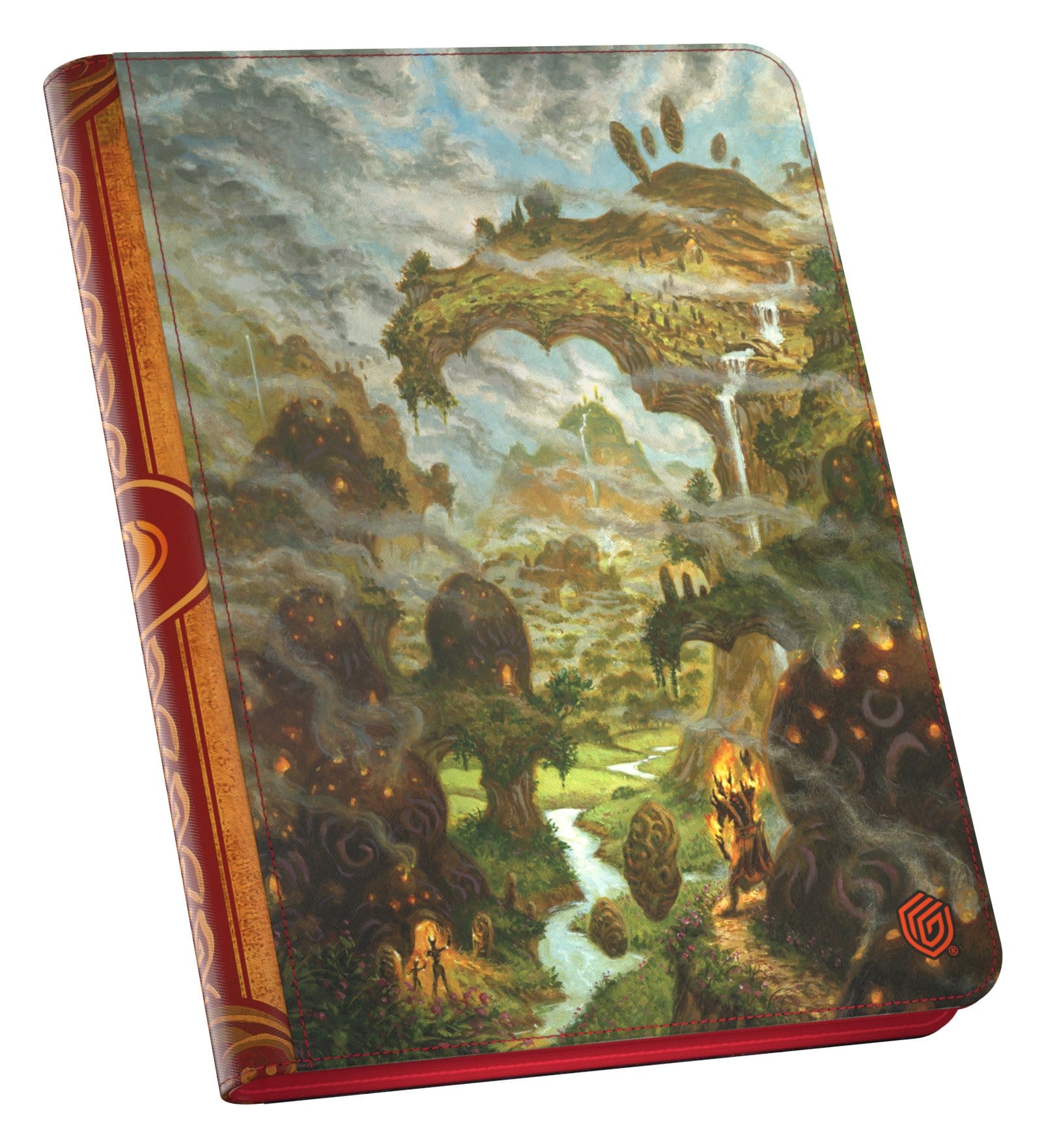 Trading card binder with red spine and fantasy art of floating mountains, waterfalls, and glowing huts.