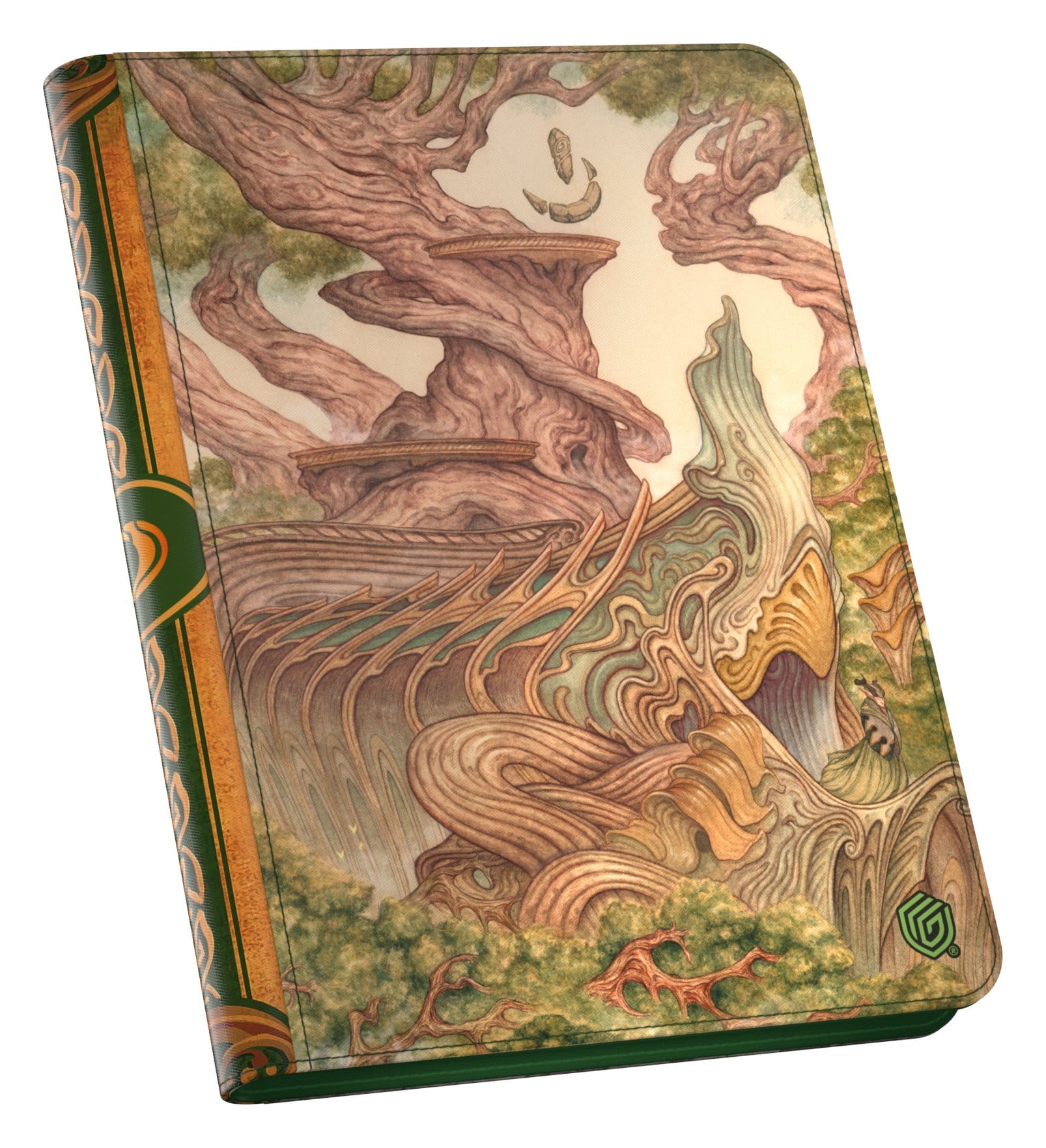 Notebook featuring fantasy art of a giant, twisted tree and structure in green, gold, and earthy tones.