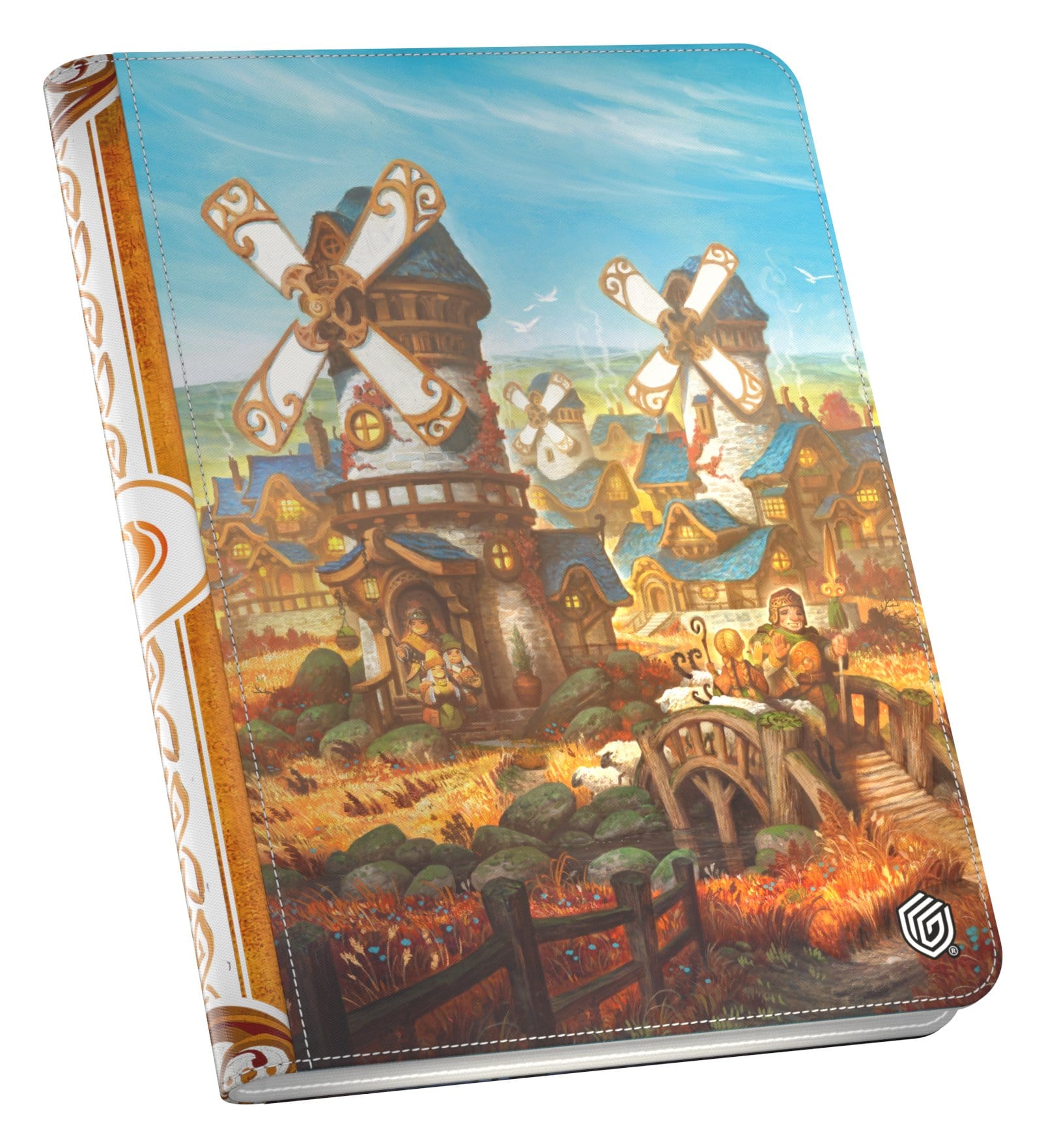 Gaming card binder featuring a vibrant fantasy landscape with windmills, a bridge, and golden fields in warm tones.