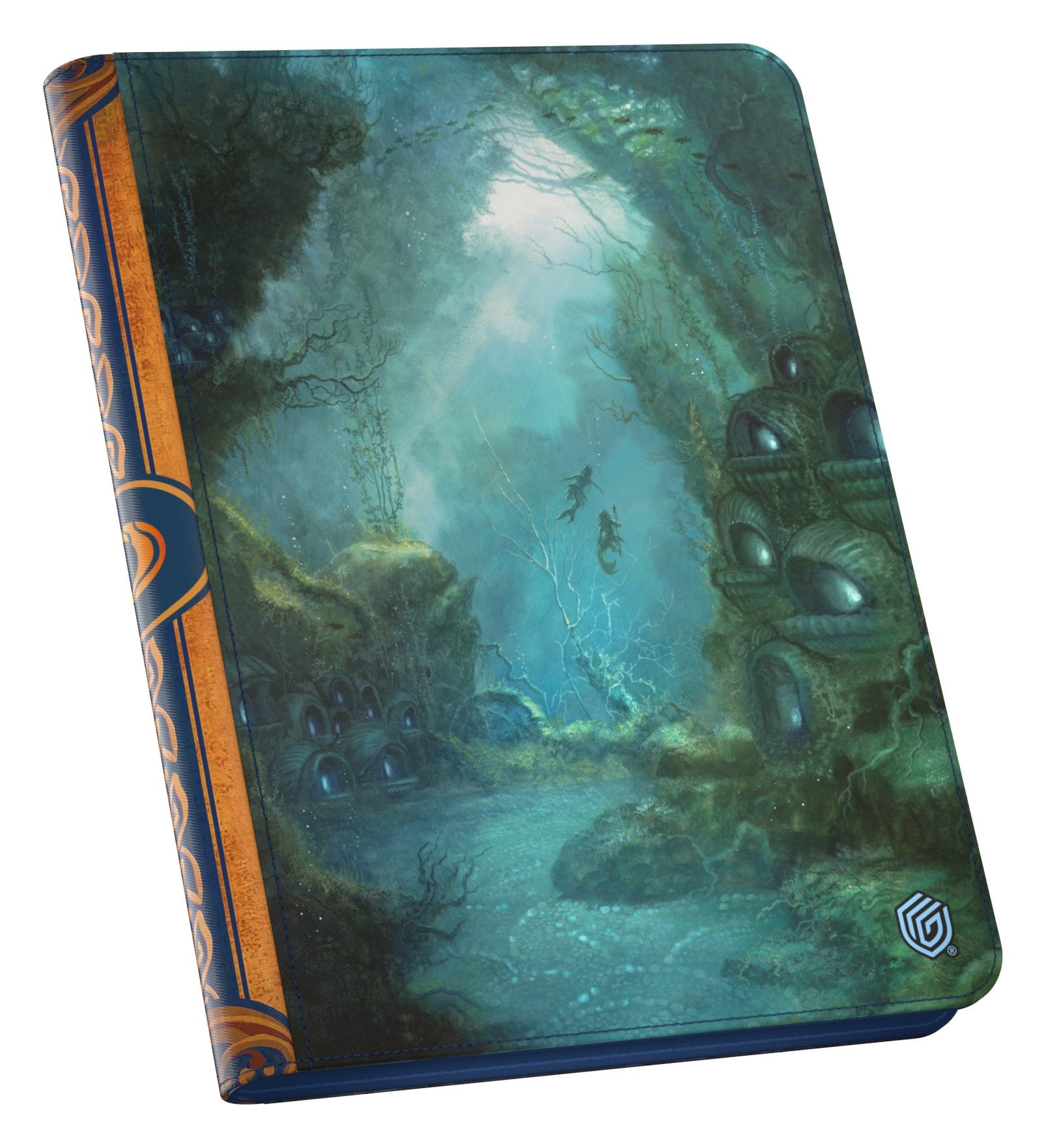 Card binder featuring a fantasy underwater scene with merfolk, coral dwellings, and blue-and-orange decorative spine.
