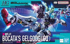 Model kit Bandai 1/144 HG Gelgoog GQ Bocata's in posa dinamica su sfondo tecnologico blu.