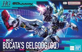 Model kit Bandai 1/144 HG Gelgoog GQ Bocata's in posa dinamica su sfondo tecnologico blu.