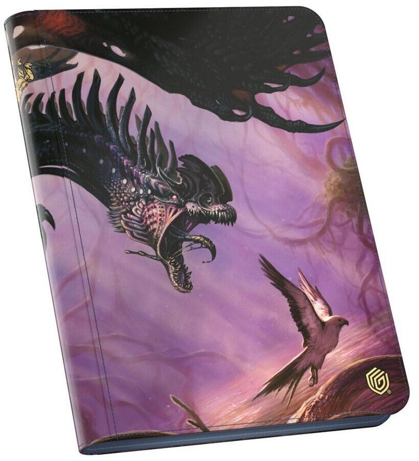 Purple trading card binder featuring a fantasy illustration of a dark, spiky monster confronting a small bird.