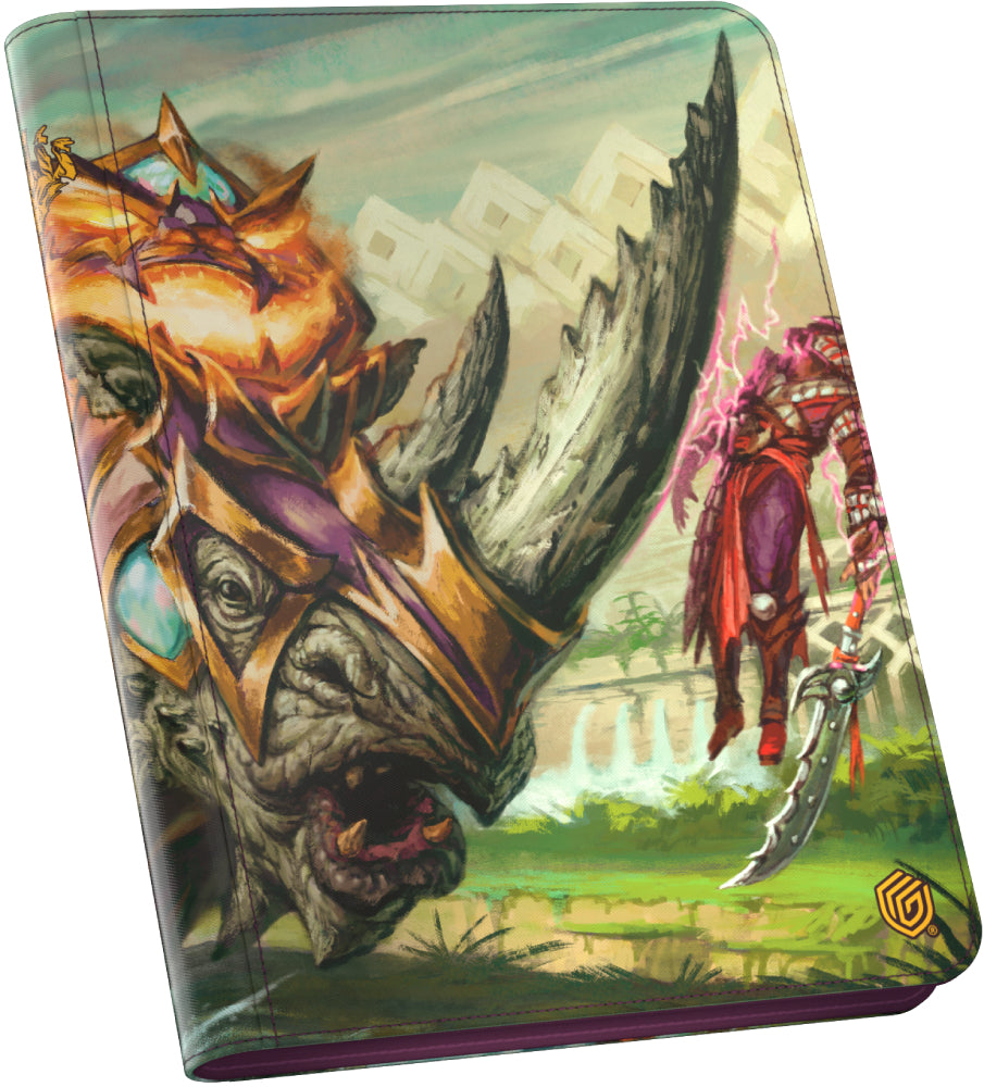 Gaming card binder featuring a fantasy illustration of a rhinoceros-like creature and a warrior in a vibrant landscape.
