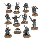 Ten miniature soldiers in blue-grey uniforms and gas masks, posed with rifles and equipment on round textured bases.
