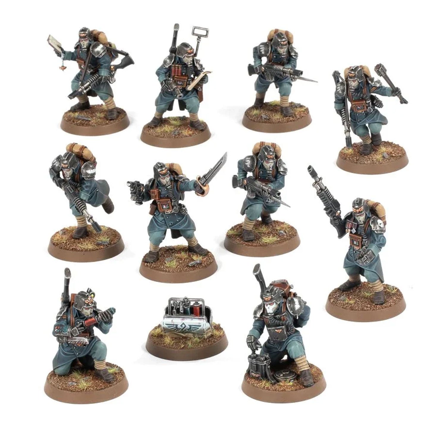 Ten miniature soldiers in blue-grey uniforms and gas masks, posed with rifles and equipment on round textured bases.