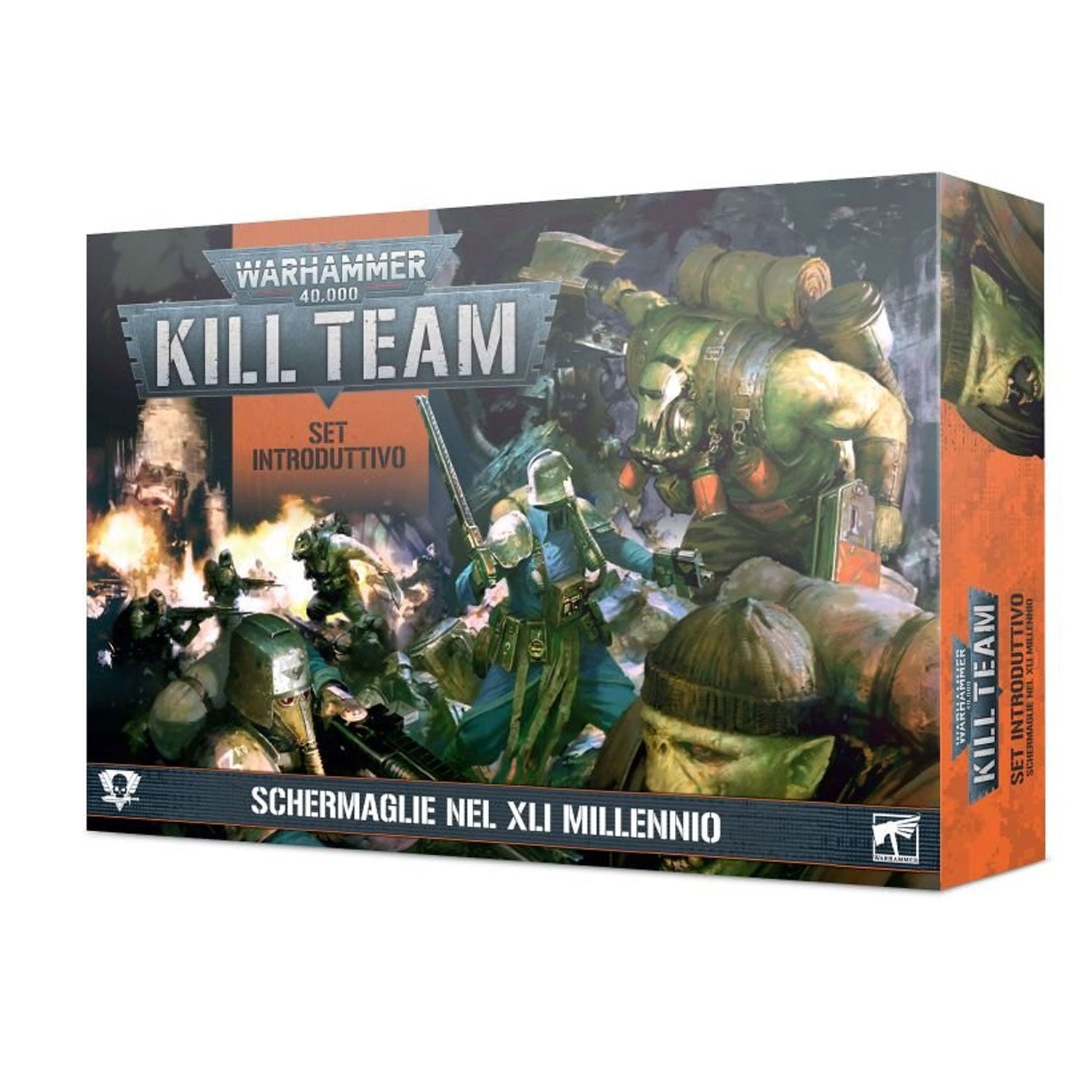 Warhammer 40,000 Kill Team introductory box art showing sci-fi soldiers fighting green orks in a dark, gritty style.