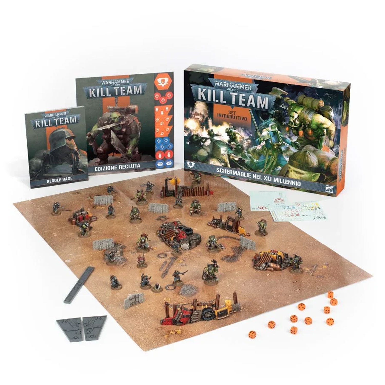 Warhammer 40,000 Kill Team starter set with miniatures, terrain, rulebooks, game board, and dice on a white background.