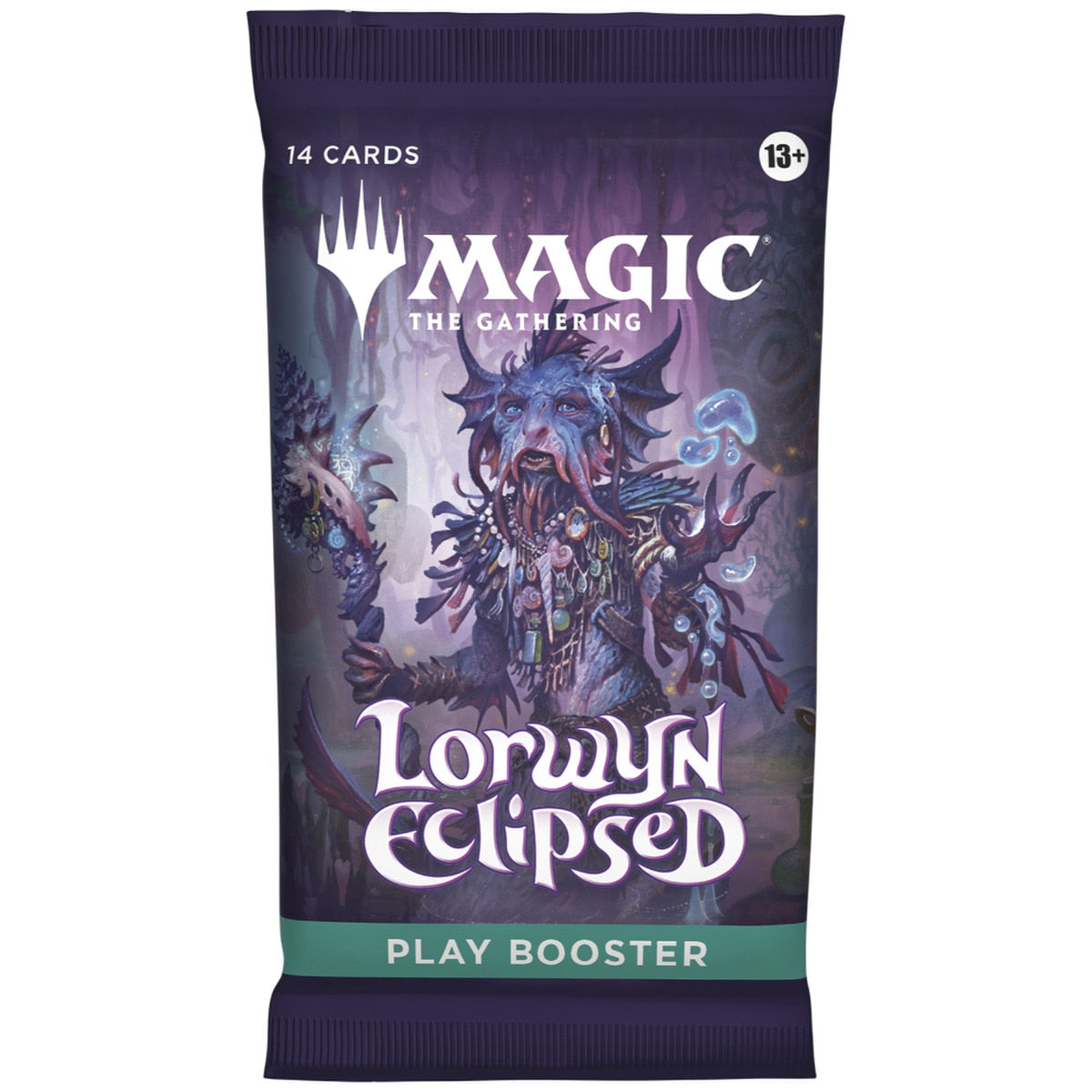 Magic: The Gathering Lorwyn Eclipsed Play Booster pack featuring fantasy art of a mystical blue creature in purple.