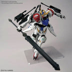 Gundam model kit in white, red, and blue with a large black sword and backpack thrusters in a dynamic combat pose.