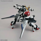 White and black Barbatos Gundam model kit in a dynamic action pose, featuring red shoulder insignia and yellow accents.