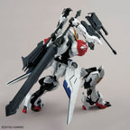Gundam Barbatos Lupus Rex model kit, white, red, and blue mecha figure posing with a large black sword.