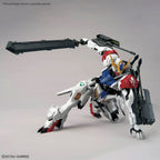 Gundam Barbatos Lupus Rex model kit in a dynamic crouching pose, featuring white, red, and blue armor with a giant sword.