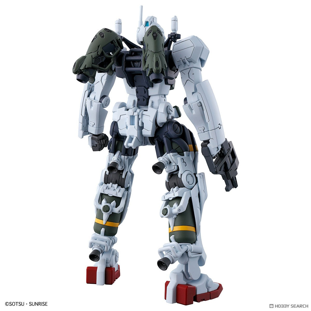 Model Kit Bandai 1/144 HG Gelgoog GQ Bocata's: vista posteriore del robot in plastica bianco e verde.