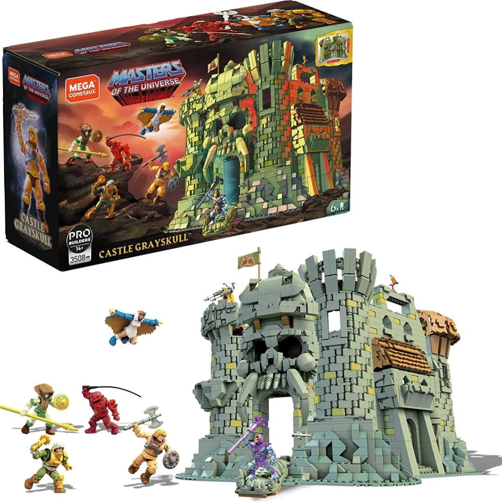 Set costruzioni MEGA Masters of the Universe Castello di Grayskull con action figure e dettagli del packaging.