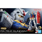 Bandai RG RX-78-2 Gundam Ver. 2.0 model kit box art showing a detailed white, blue, red, and yellow mobile suit.