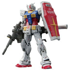 RX-78-2 Gundam model kit in classic white, blue, red, and yellow, holding a beam rifle and red shield.