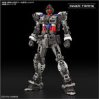 Gundam plastic model inner frame figure with grey, black, red, and blue mechanical details on a black background.