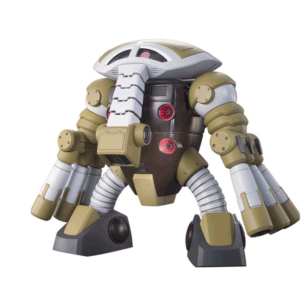Model kit Bandai HGUC 1/144 MSM-04G Juaggu Unicorn Ver.: robot marrone con cannoni sulle braccia su fondo bianco.