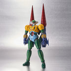 Getter Robo action figure featuring green, yellow, and blue armor with two tall, red drill-like spikes on its back.