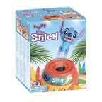 Disney Stitch Pop-Up game box with a red barrel, colorful surfboard sticks, and a blue Stitch character toy.