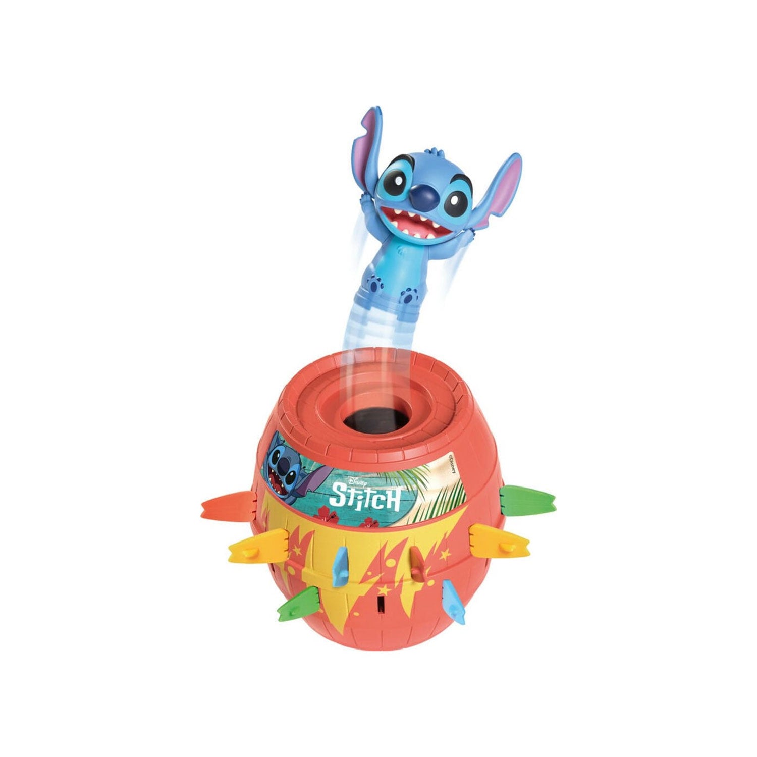 Stitch Pop-Up game with a blue Stitch figure jumping out of a red barrel decorated with tropical graphics and colorful slots.