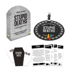 Gioco da tavolo Stupid Deaths di Yas! Games: scatola a forma di lapide, tabellone rotondo, pedine e carte di gioco.