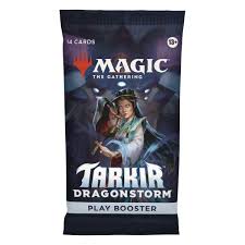 Magic: The Gathering Tarkir Dragonstorm play booster pack featuring a fantasy warrior character on a dark blue background.