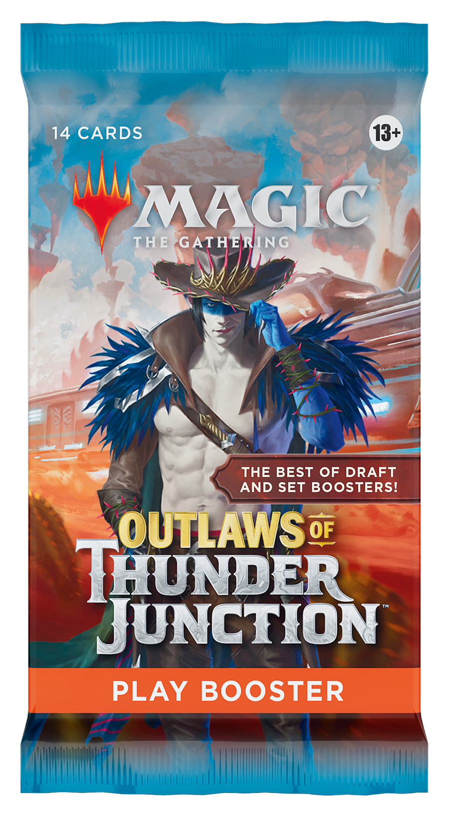 Magic: The Gathering Outlaws of Thunder Junction Play Booster pack featuring a stylized cowboy character illustration.