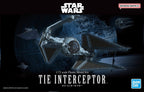 Bandai 1/72 scale Star Wars TIE Interceptor model kit box art featuring a grey starfighter against a dark space backdrop.