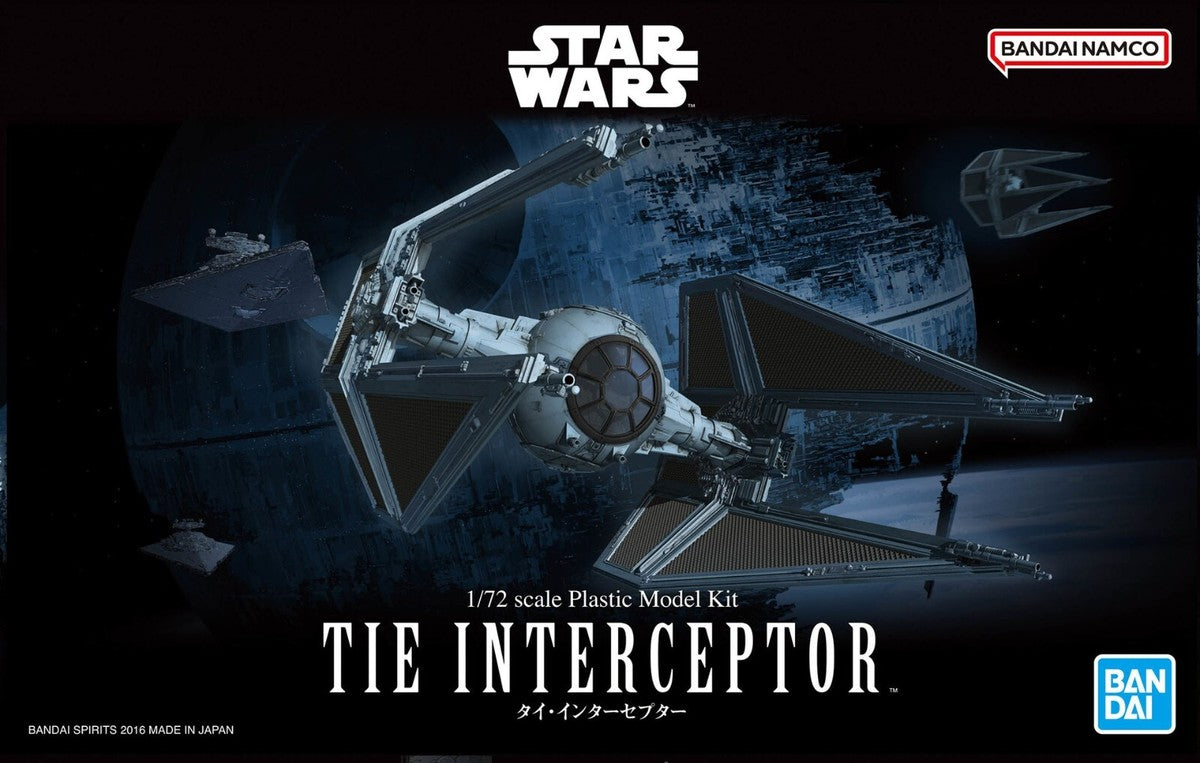 Bandai 1/72 scale Star Wars TIE Interceptor model kit box art featuring a grey starfighter against a dark space backdrop.