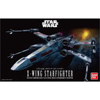 Bandai 1/72 scale Star Wars X-Wing Starfighter model kit box art showing a weathered grey ship with red accents.