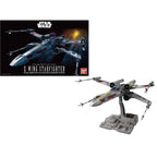 Bandai 1/72 scale Star Wars X-Wing model kit, gray with red markings, displayed on a base with its original box art.
