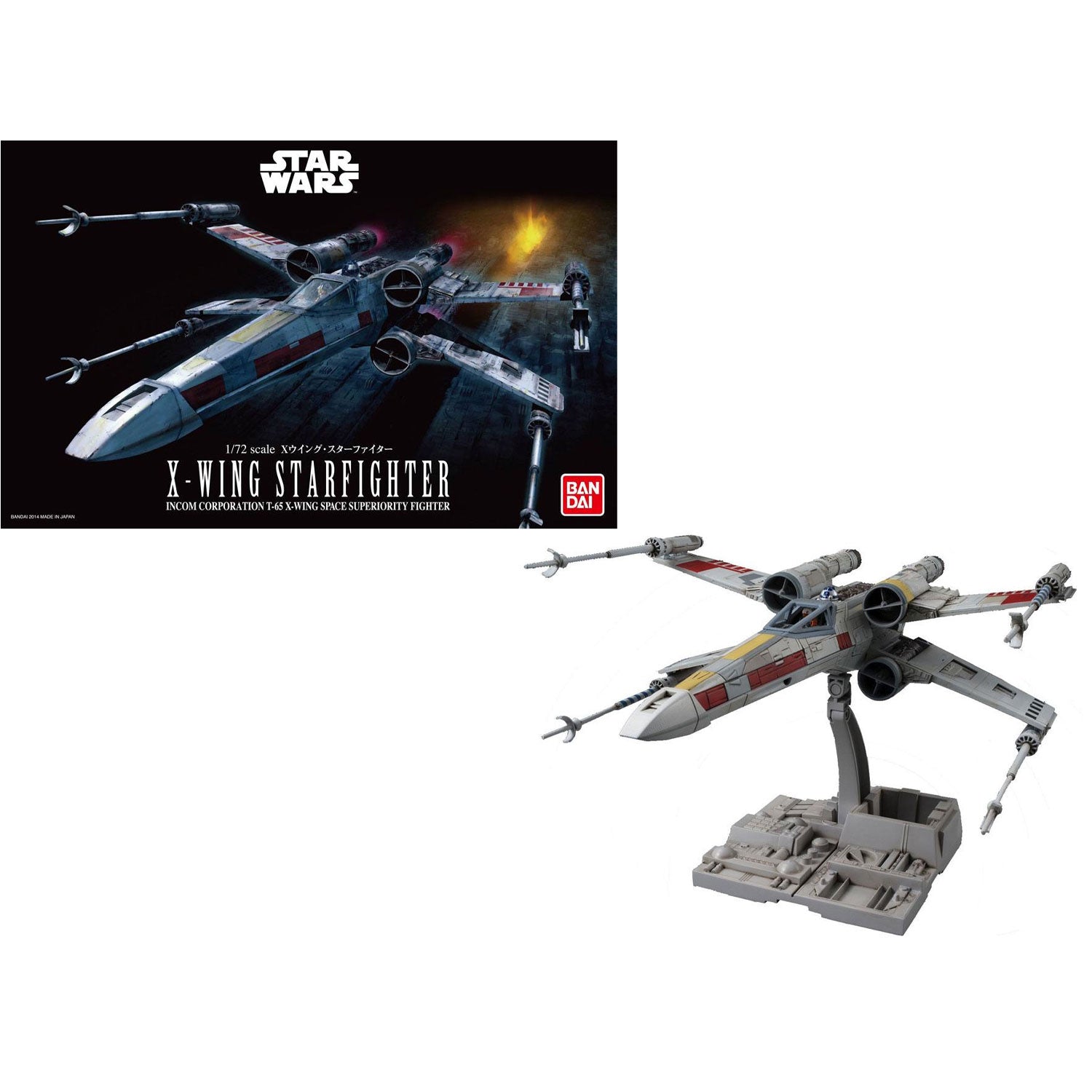 Bandai 1/72 scale Star Wars X-Wing model kit, gray with red markings, displayed on a base with its original box art.