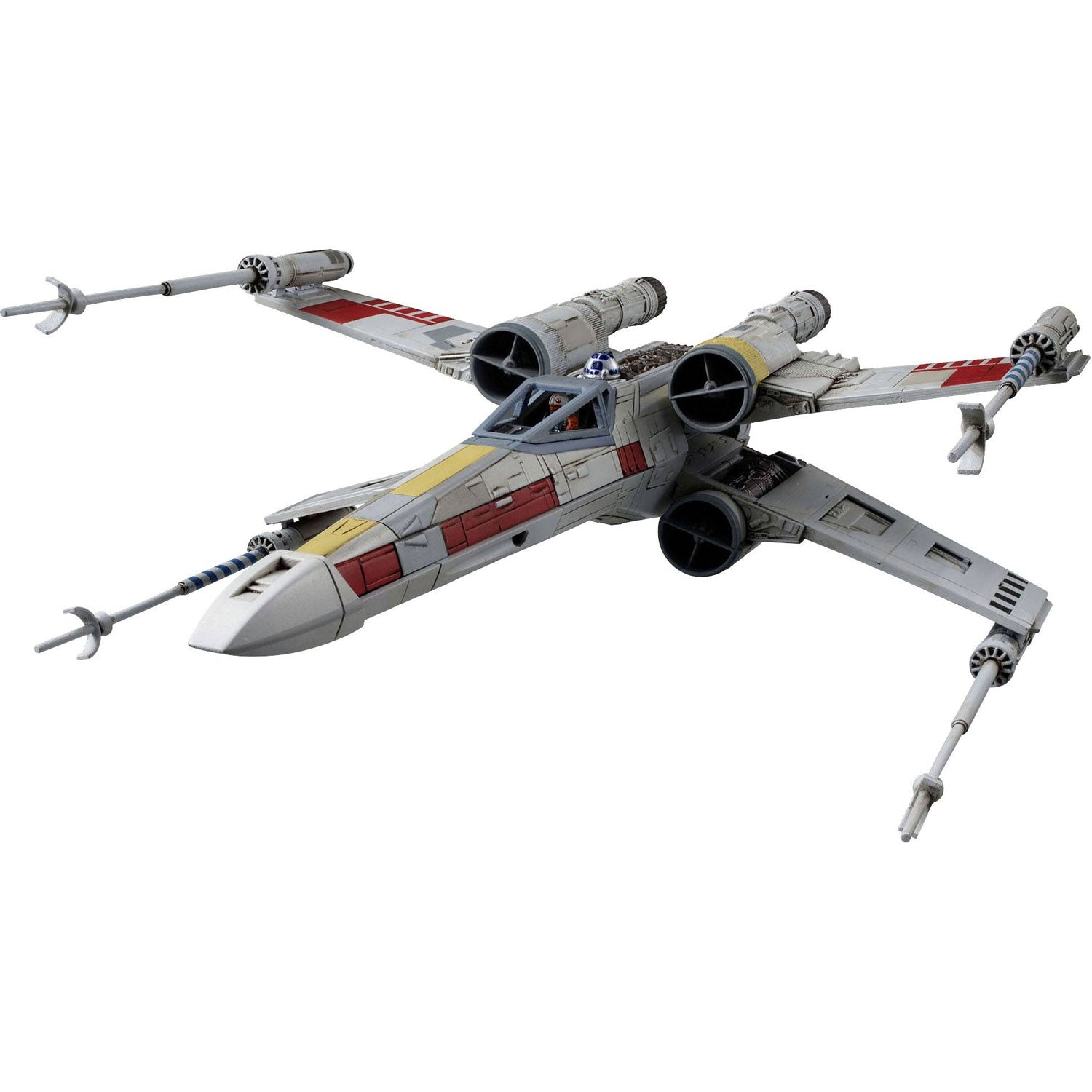 Star Wars X-wing starfighter model with red and yellow markings, open wings, and an R2-D2 unit, isolated on white.