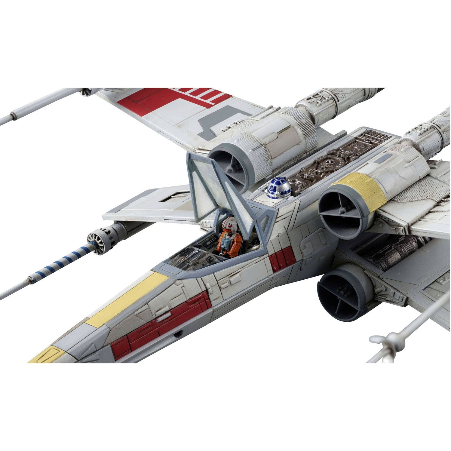 Detailed Star Wars X-wing starfighter model with pilot and R2-D2, featuring a white, grey, and red weathered paint job.