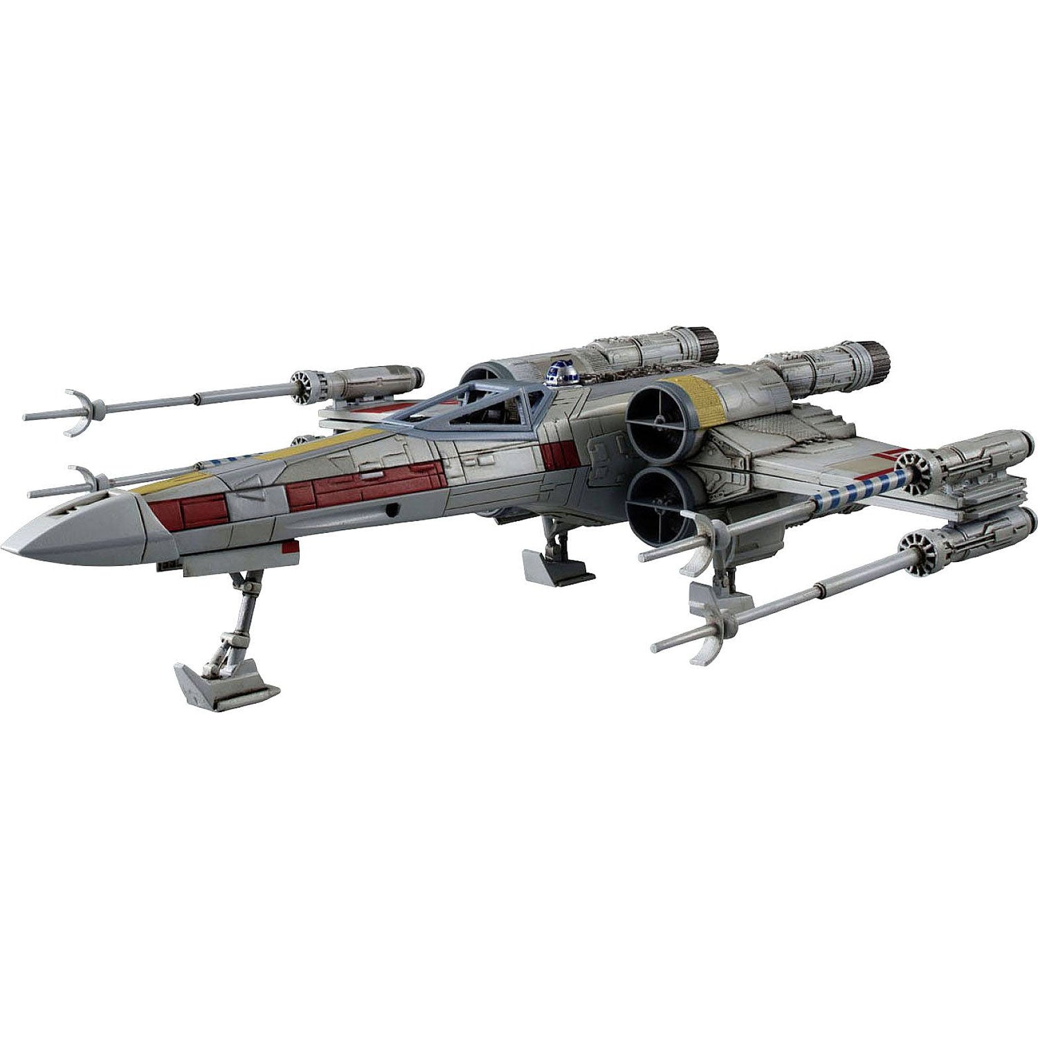 Star Wars X-wing starfighter toy in grey and red with four wings and an R2-D2 droid figure behind the cockpit.