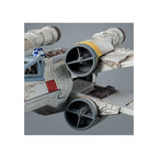 Detailed model of a Star Wars X-wing fighter, white with red markings, featuring an R2-D2 droid and weathered finish.